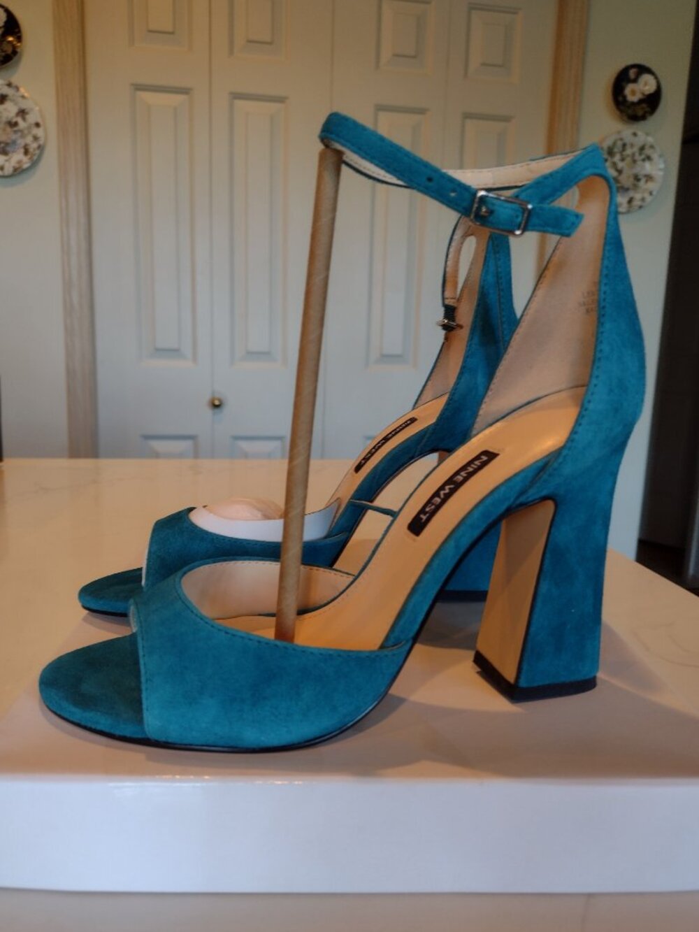 Green Suede Block Heel Sandals